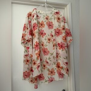 Francesca's Collections Floral Blouse with Pink and Orange Blooms